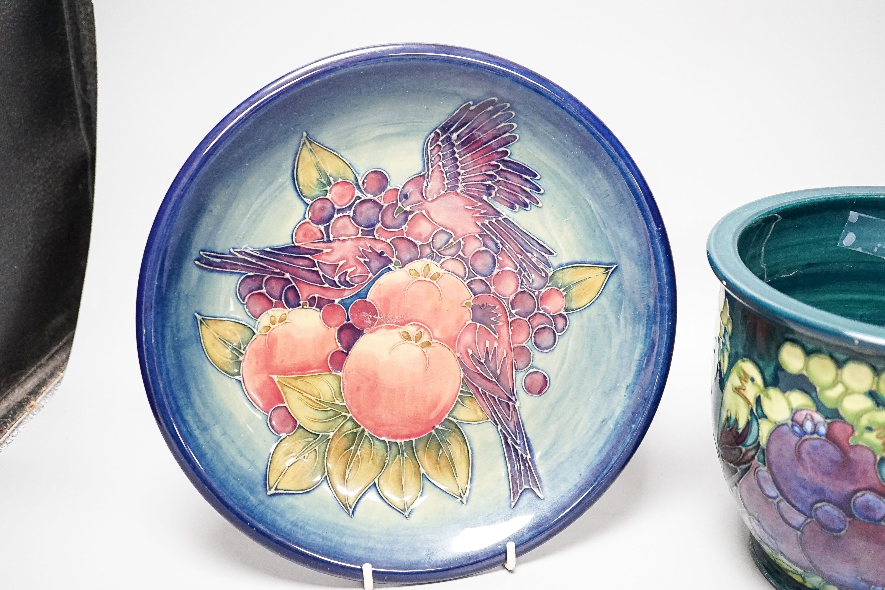 A Moorcroft Finches pattern jardiniere, 16cm high, and a similar Moorcroft dish, circa 1990's